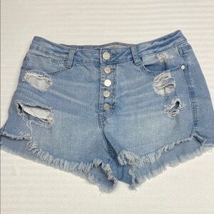 Refuge Jean Shorts Denim Button Fly Distressed Light Wash Biker Boho Size 10